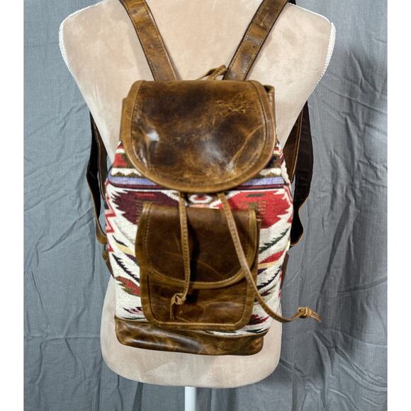 NEW‎ S 13x9x4" Tan Genuine Leather Aztec Fabric Backpack Bag Pocketbook Country - Picture 1 of 12